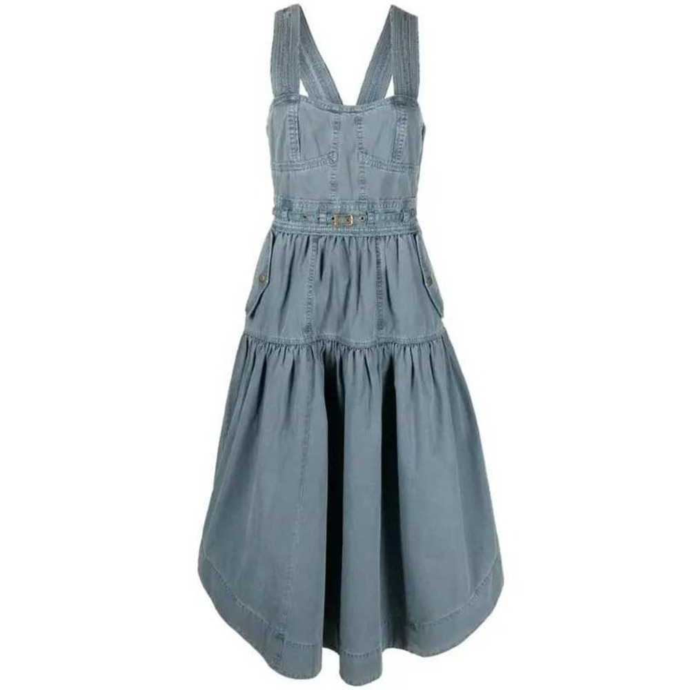 Ulla Johnson Enzo Denim Dress Blue Cotton Tiered Midi Sweetheart Neck Size 4 - Picture 14 of 15